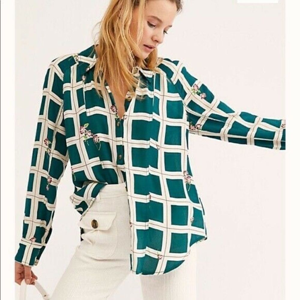 ✨2xHP✨FP Women's Blouse Green Plaid Button Down✨